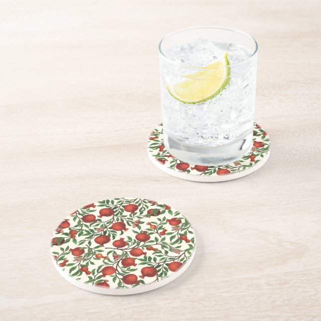 Pomegranates and Bella Moths on off white Coaster (Side)