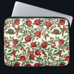Pomegranates and Bella Moths on off white Laptop Sleeve<br><div class="desc">Pomegranate branches with lush leaves and rich red fruits stretch across a black background. A secondary layer subtly fades away,  adding depth. Traditionally painted on paper with markers,  the elements are scanned and composed into a pattern in Photoshop.</div>