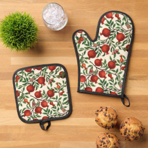 Pomegranates and Bella Moths on off white Oven Mitt & Pot Holder Set