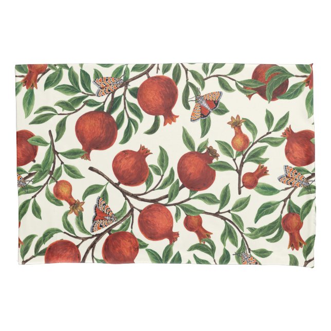Pomegranates and Bella Moths on off white Pillowcase (Front-Left)