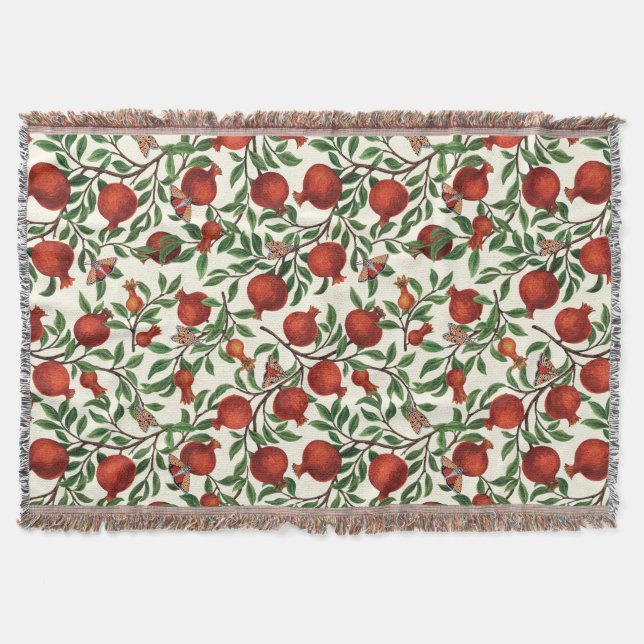 Pomegranates and Bella Moths on off white Throw Blanket (Front)