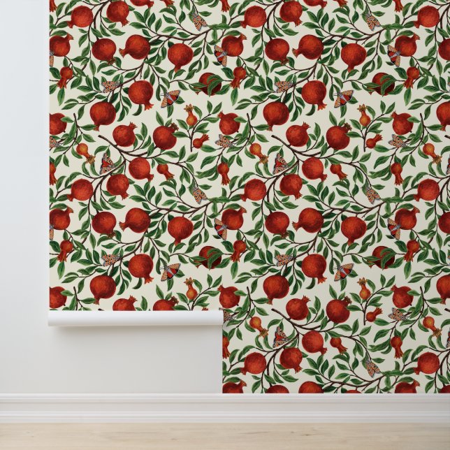 Pomegranates and Bella Moths on off white Wallpaper (Application)