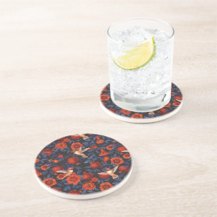 Pomegranates and hummingbirds/blue leaves on black coaster