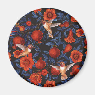 Pomegranates and hummingbirds/blue leaves on black magnet
