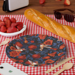 Pomegranates and hummingbirds/blue leaves on black paper plate
