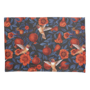 Pomegranates and hummingbirds/blue leaves on black pillowcase