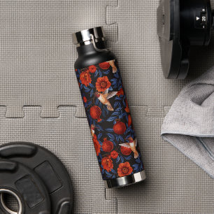Pomegranates and hummingbirds/blue leaves on black water bottle