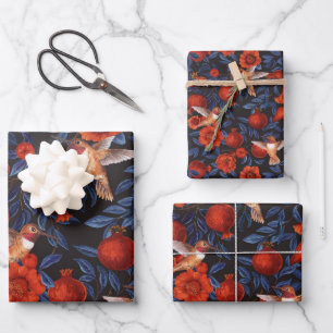 Pomegranates and hummingbirds/blue leaves on black wrapping paper sheet