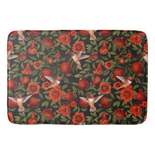 Pomegranates and hummingbirds/green leaves on blac bath mat