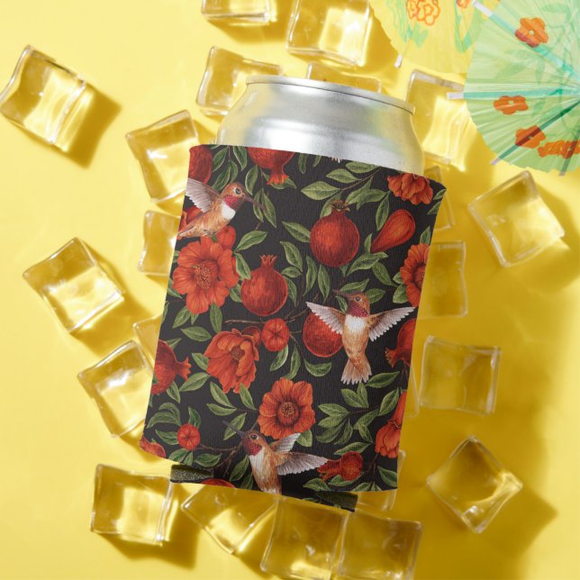 Pomegranates and hummingbirds/green leaves on blac can cooler (In Situ Summer)