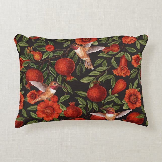 Pomegranates and hummingbirds/green leaves on blac decorative cushion (Front)