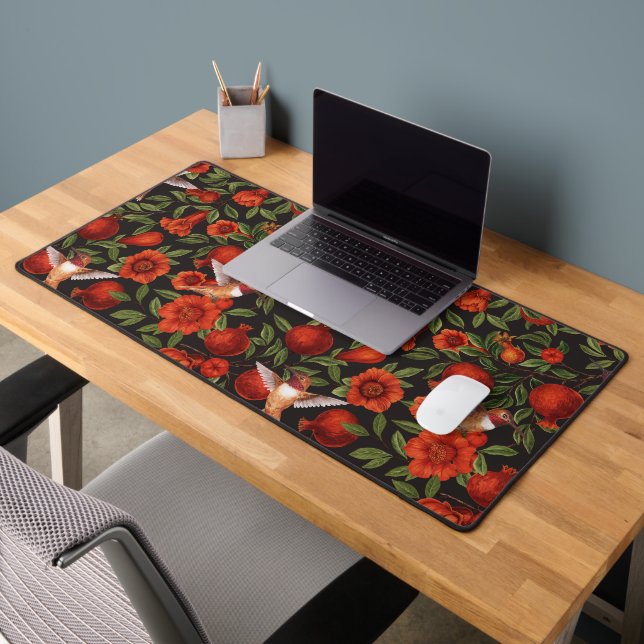 Pomegranates and hummingbirds/green leaves on blac desk mat (Office 2)