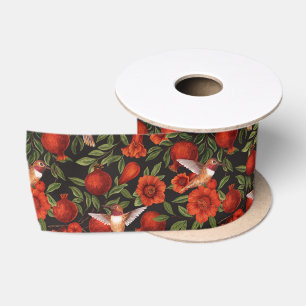 Pomegranates and hummingbirds/green leaves on blac satin ribbon