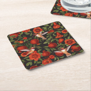 Pomegranates and hummingbirds/green leaves on blac square paper coaster