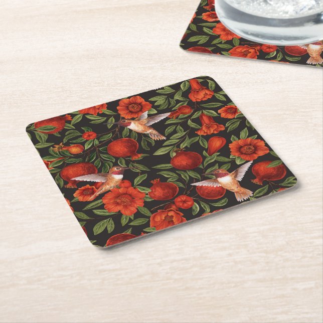 Pomegranates and hummingbirds/green leaves on blac square paper coaster (Angled)
