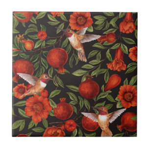 Pomegranates and hummingbirds/green leaves on blac tile