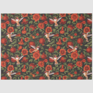 Pomegranates and hummingbirds/green leaves on blac tissue paper