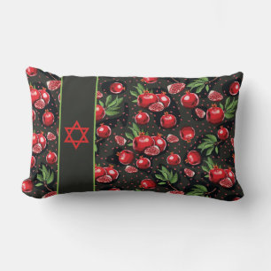 Pomegranates on Black Jewish Rosh Hashanah Star Lu Lumbar Cushion