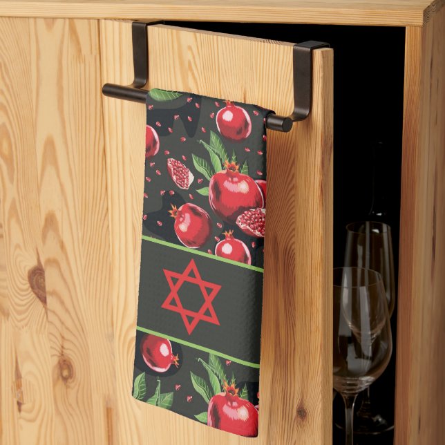 Pomegranates on Black Jewish Rosh Hashanah Star Tea Towel (Thirds Fold)
