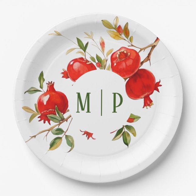 Pomegranates watercolor theme Bright colors Paper Plate (Front)