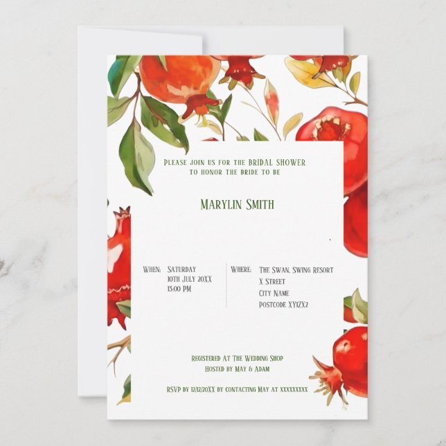 Pomegranates watercolor theme Bright colours Invitation (Front)