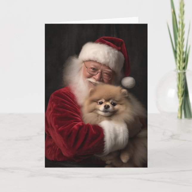 Pomeranian and Santa Holiday Card (Front)