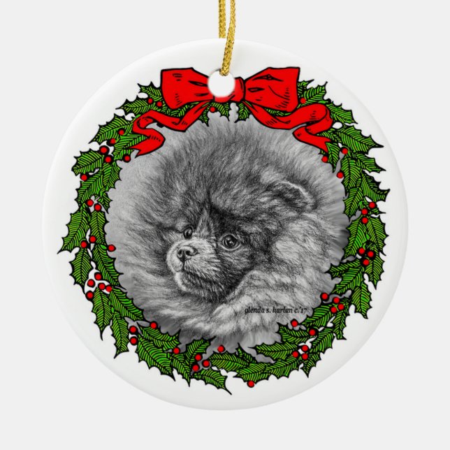 Pomeranian Art by Glenda S. Harlan Ceramic Tree Decoration (Front)