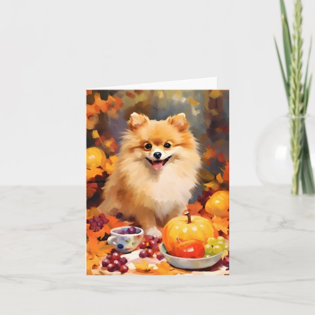 Pomeranian Autumn Thanksgiving  Card (Front)