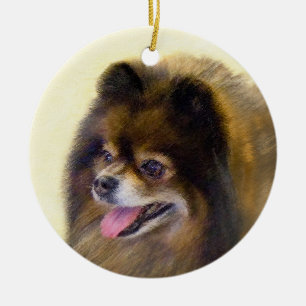 Pomeranian Black and Tan Painting Original Dog Art Ceramic Tree Decoration