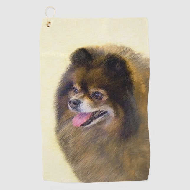 Pomeranian Black and Tan Painting Original Dog Art Golf Towel (Front)
