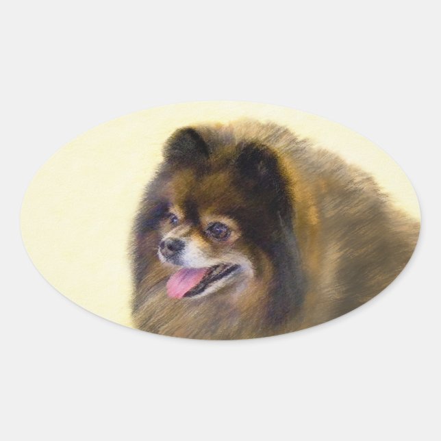 Pomeranian Black and Tan Painting Original Dog Art Oval Sticker (Front)
