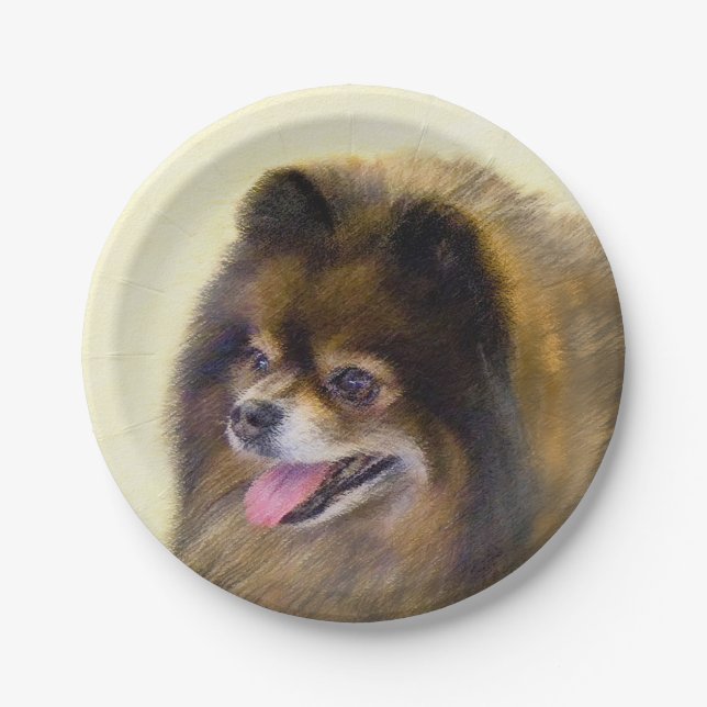 Pomeranian Black and Tan Painting Original Dog Art Paper Plate (Front)