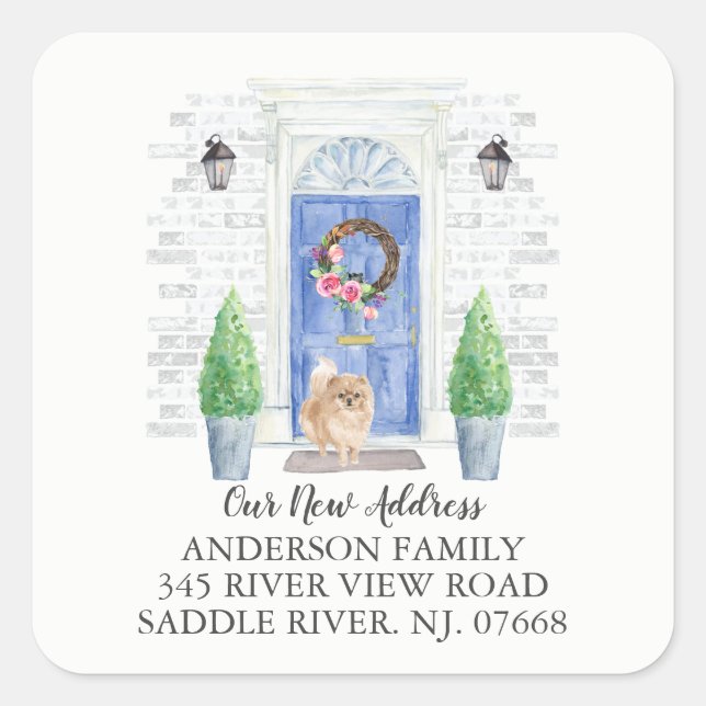 Pomeranian Blue Door New Address Label Sticker (Front)