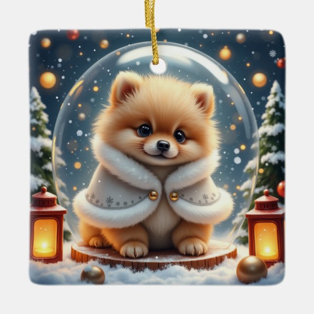 Pomeranian Christmas Art Ceramic Ornament (Front)