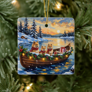 Pomeranian Christmas Boat Holiday Ceramic Ornament