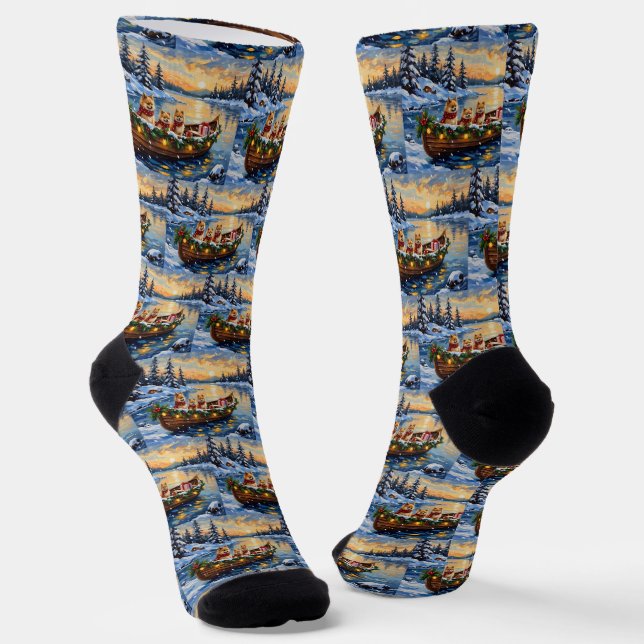Pomeranian Christmas Boat Holiday Socks (Angled)