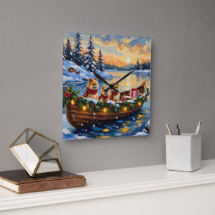 Pomeranian Christmas Boat Holiday Square Wall Clock