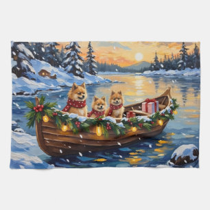 Pomeranian Christmas Boat Holiday Tea Towel