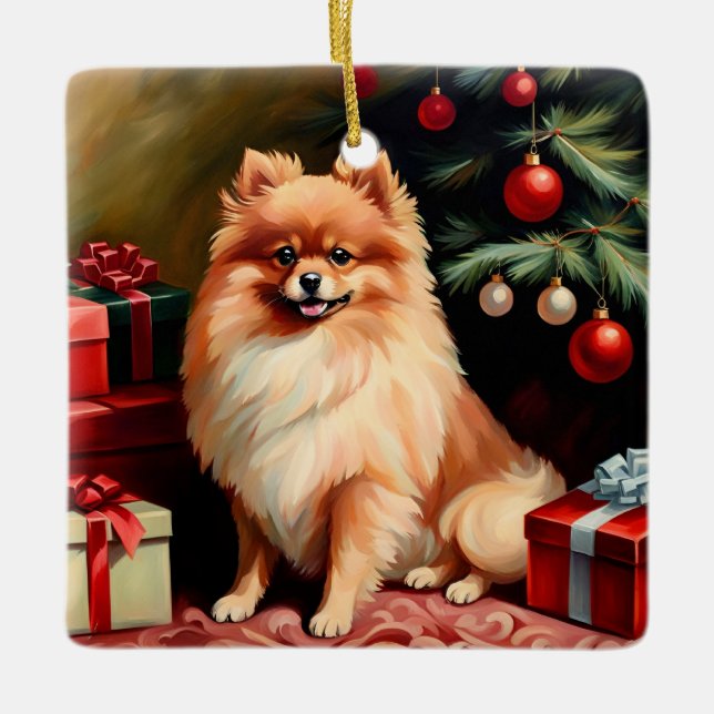 Pomeranian Christmas Ceramic Ornament (Front)