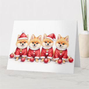 Pomeranian Christmas Dress Santa Hat Card