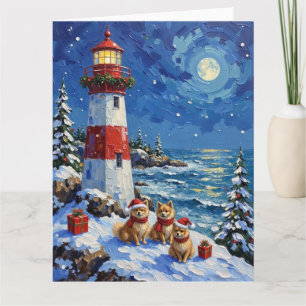 Pomeranian Christmas Lighthouse Holiday Card