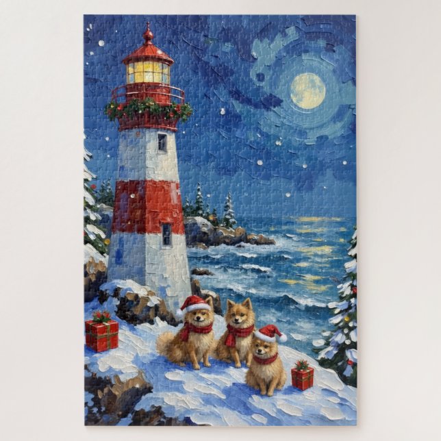 Pomeranian Christmas Lighthouse Holiday Jigsaw Puzzle (Vertical)