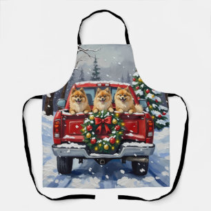 Pomeranian Christmas Red Truck Holiday Gift Apron