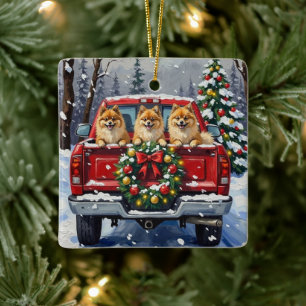 Pomeranian Christmas Red Truck Holiday Gift Ceramic Ornament