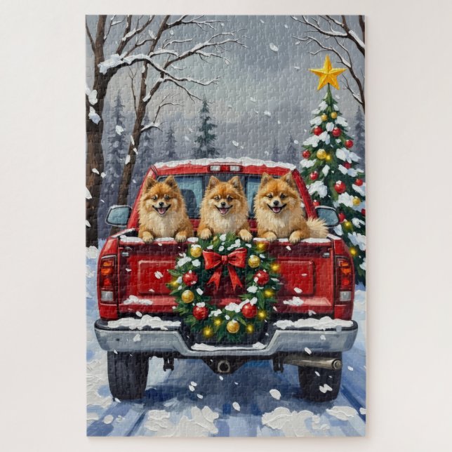 Pomeranian Christmas Red Truck Holiday Gift Jigsaw Puzzle (Vertical)