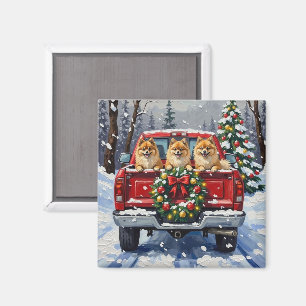 Pomeranian Christmas Red Truck Holiday Gift Magnet