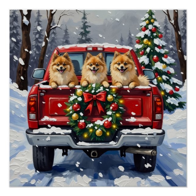 Pomeranian Christmas Red Truck Holiday Gift Poster (Front)