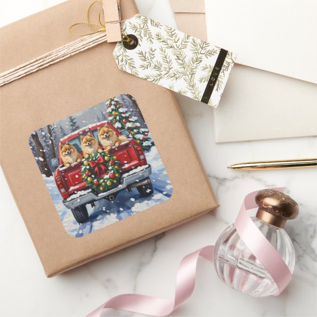 Pomeranian Christmas Red Truck Holiday Gift Square Sticker (Gifting)