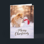 Pomeranian Christmas Snowman Holiday Card<br><div class="desc">A beautiful winter holiday scene featuring a Pomeraniansitting in fresh snow beside a cheerful little snowman wrapped in a bright red scarf. Soft golden winter light and gently falling snow create a peaceful seasonal moment that perfectly captures the striking beauty and spirited personality Pomeranians are known for. Perfect for Pomeranian...</div>