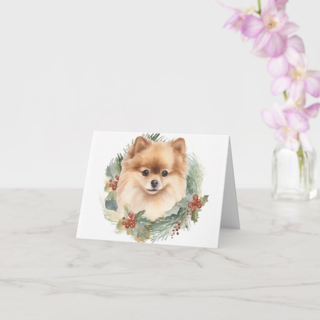 Pomeranian Christmas Wreath Festive Pup Card (Orchid)